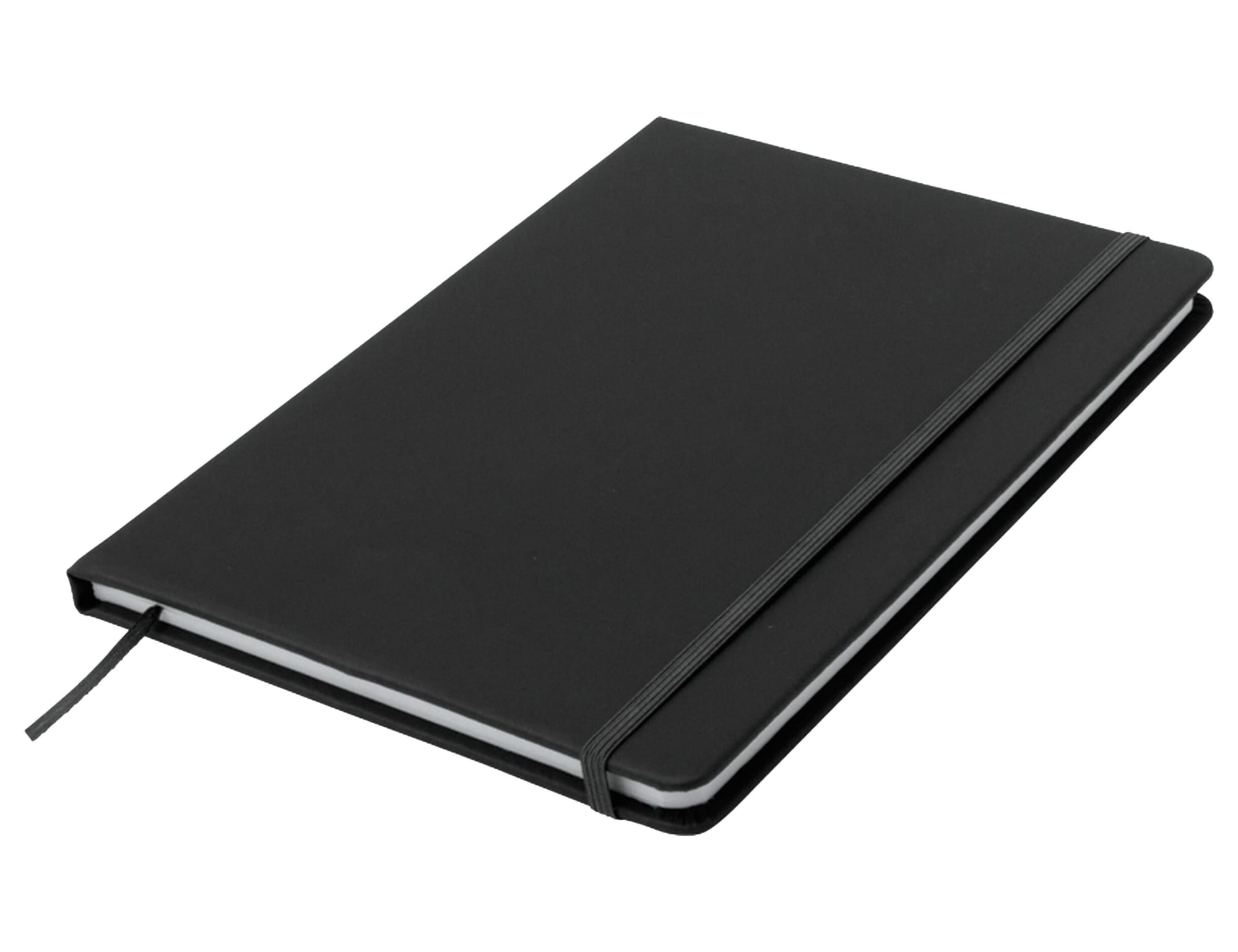 A black A5 notepad with a grey elastic band, featuring a simple design and a white inner lining.