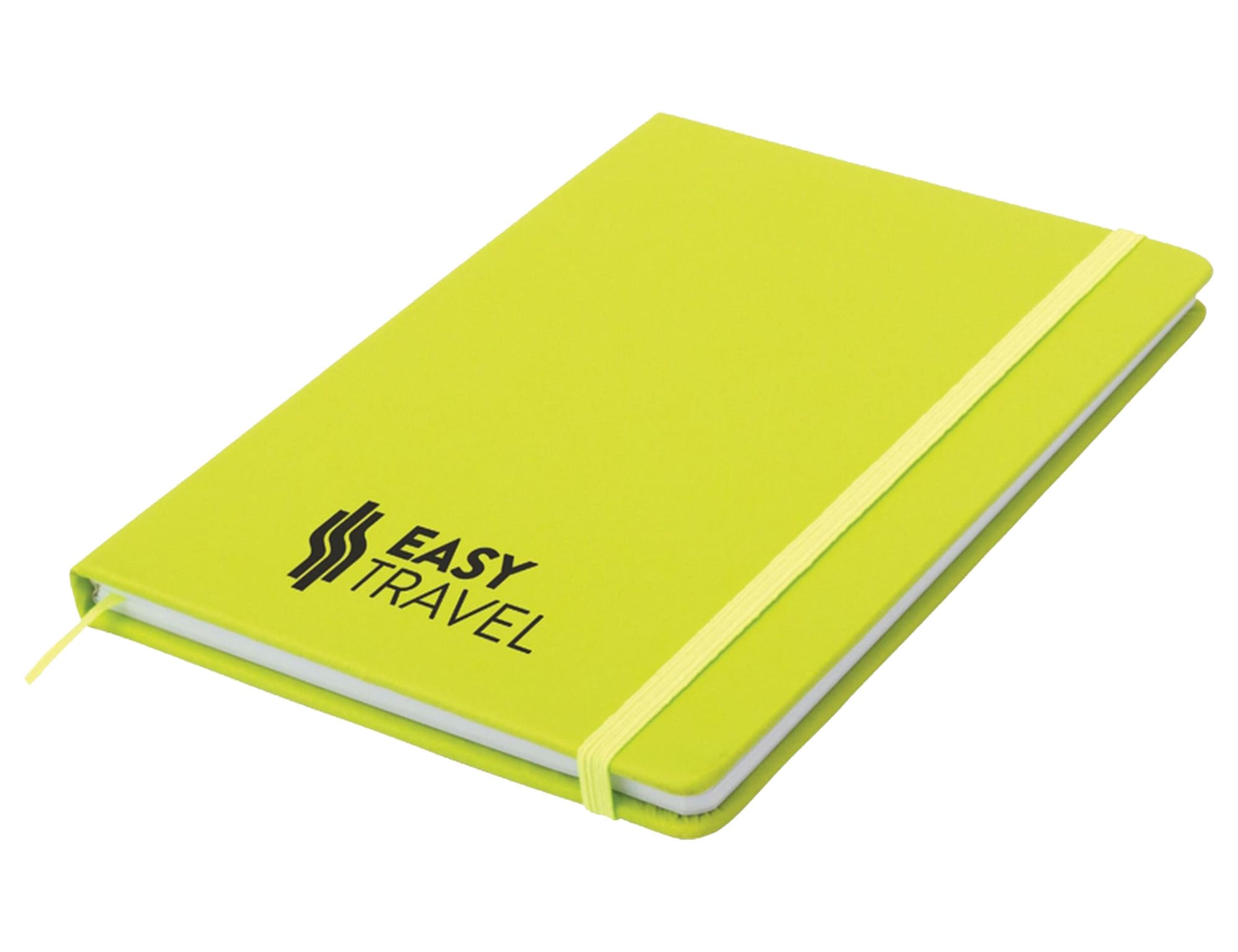 A vibrant green A5 notepad with a logo and an elastic band closure. Ideal for office and business use.
