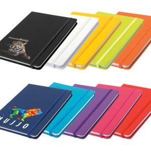 A collection of A5 notepads in various colours, including black, white, yellow, orange, and pink, featuring distinct designs.