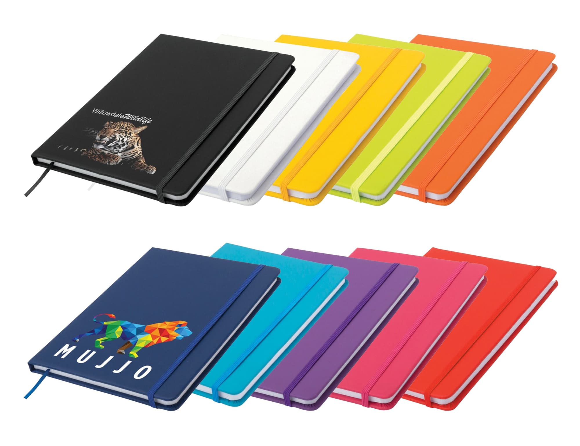 A collection of A5 notepads in various colours, including black, white, yellow, orange, and pink, featuring distinct designs.