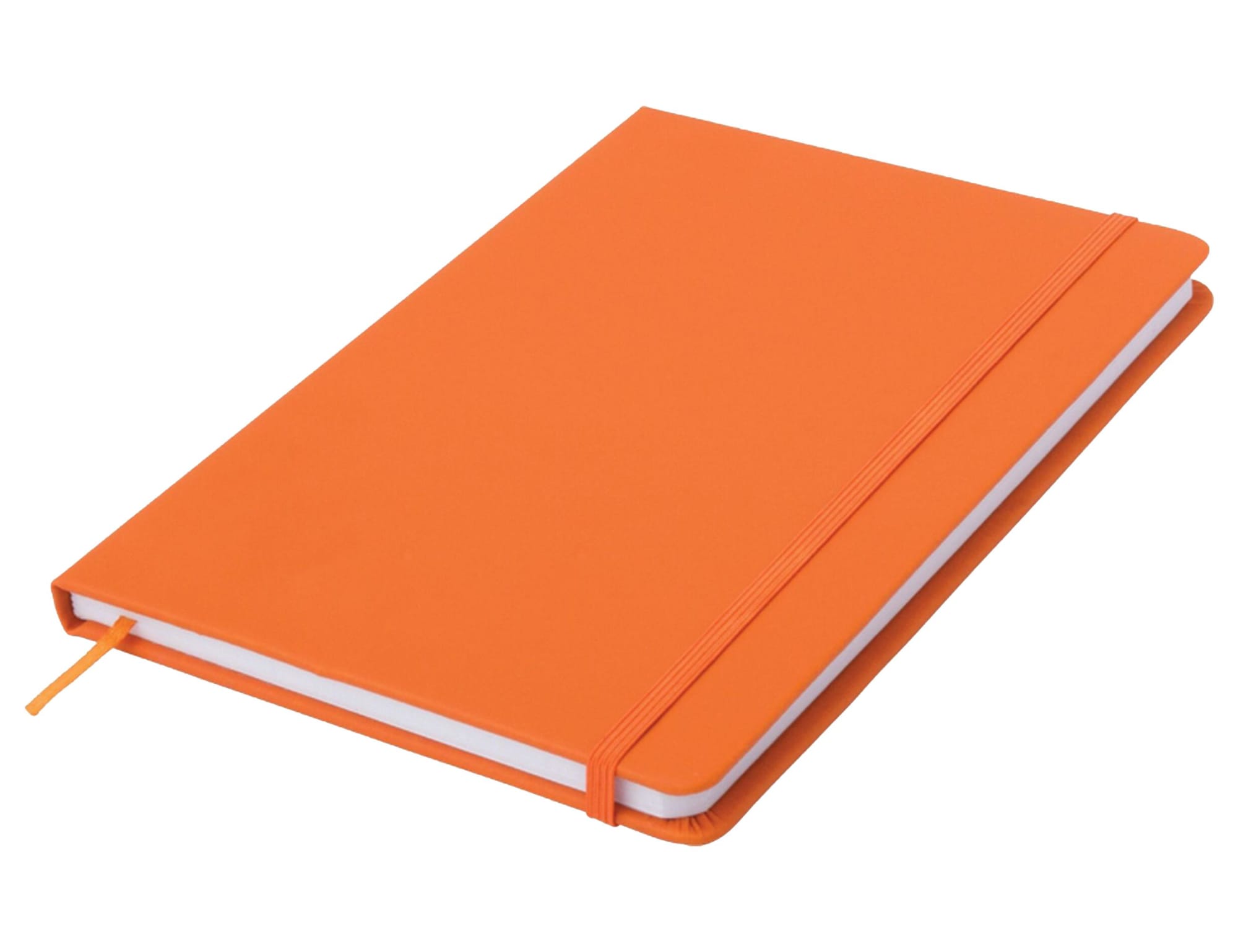 An orange A5 notepad featuring a rubber band closure and a bookmark ribbon. It has a logo on the cover.