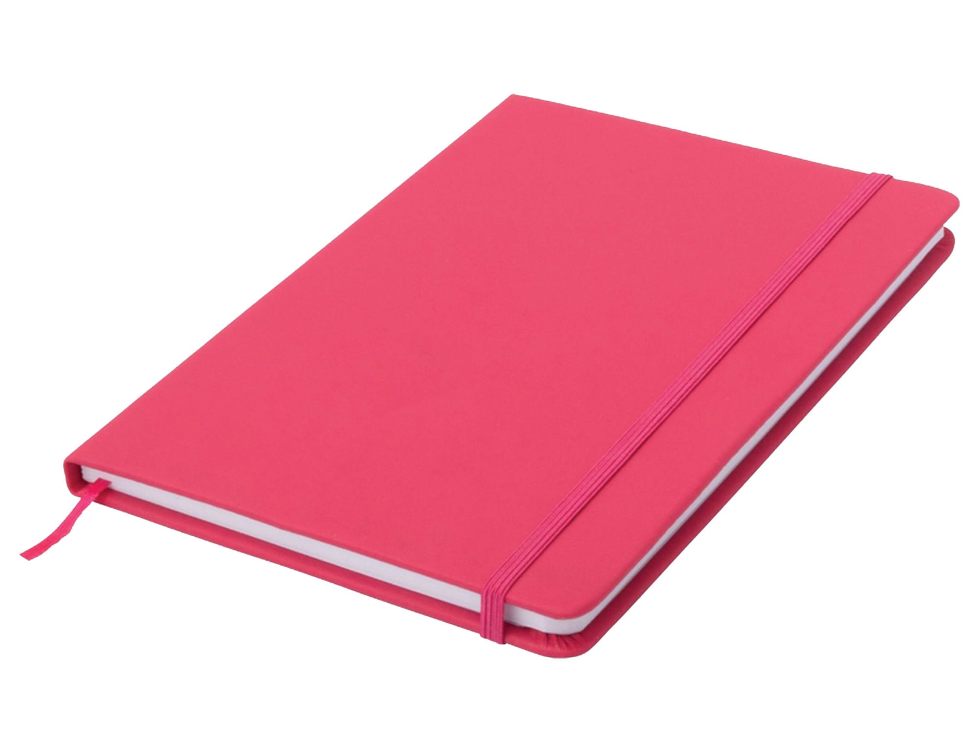 A pink A5 notepad with an elastic band closure and rounded edges. It features a simple design and is blank inside.