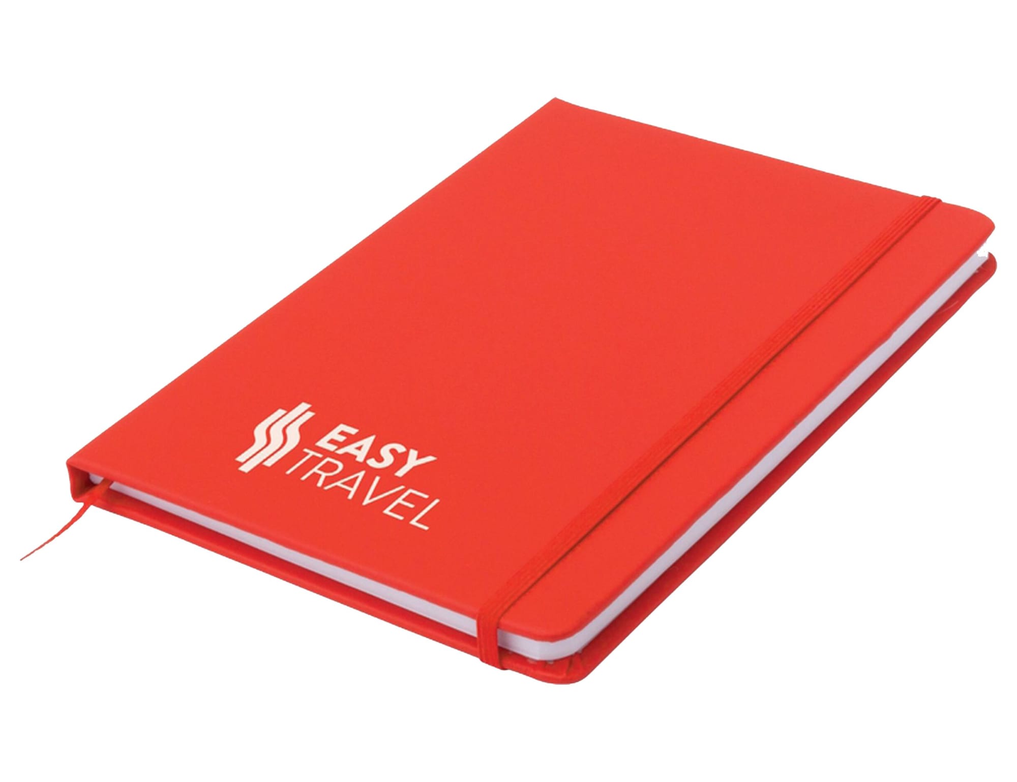 A red A5 notepad with a white elastic band and a logo on the front cover. It has plain white pages inside.