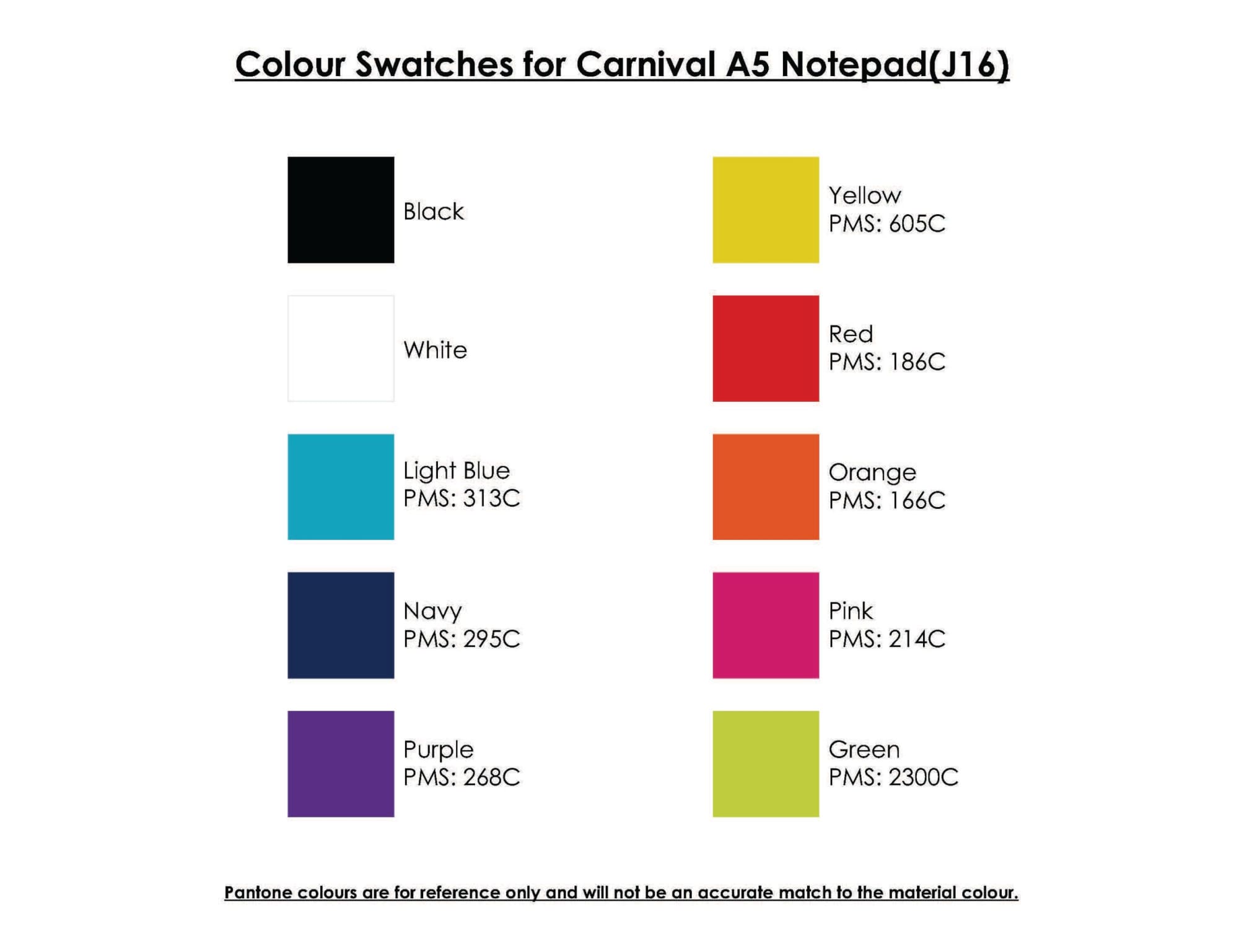 Colour swatches for the Carnival A5 Notepad, featuring black, white, light blue, navy, purple, yellow, red, orange, pink, and green.