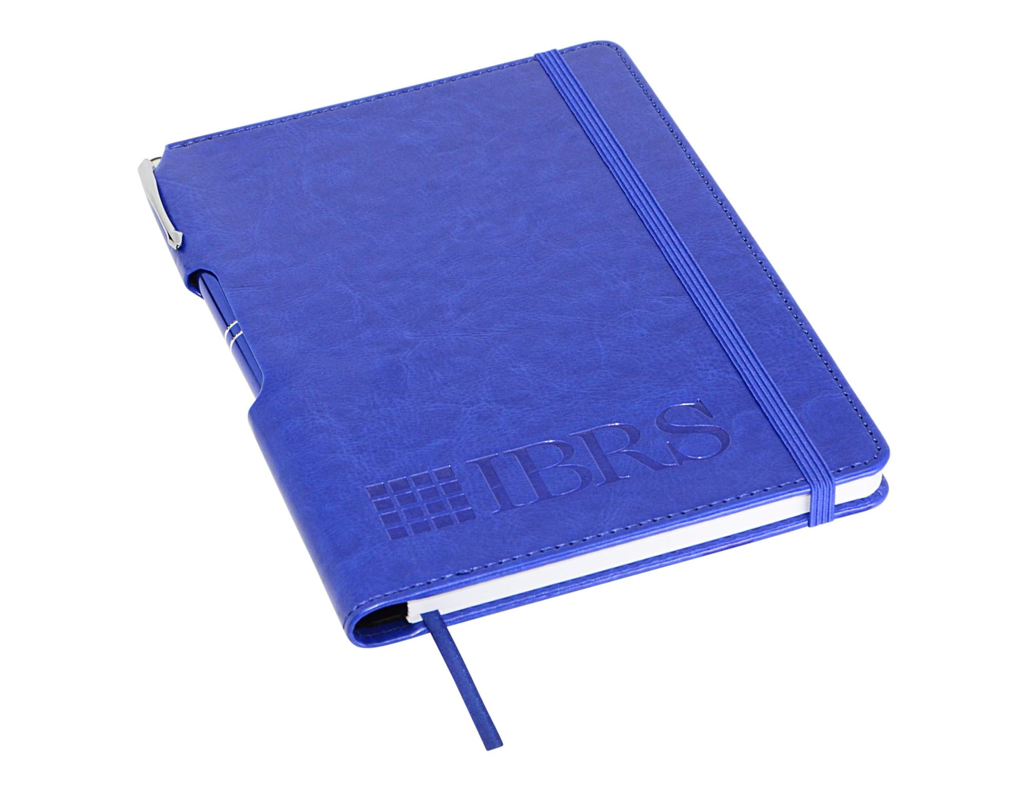 A blue A5 notebook with a textured cover, featuring a pen loop and an elastic closure, with a logo on the front.