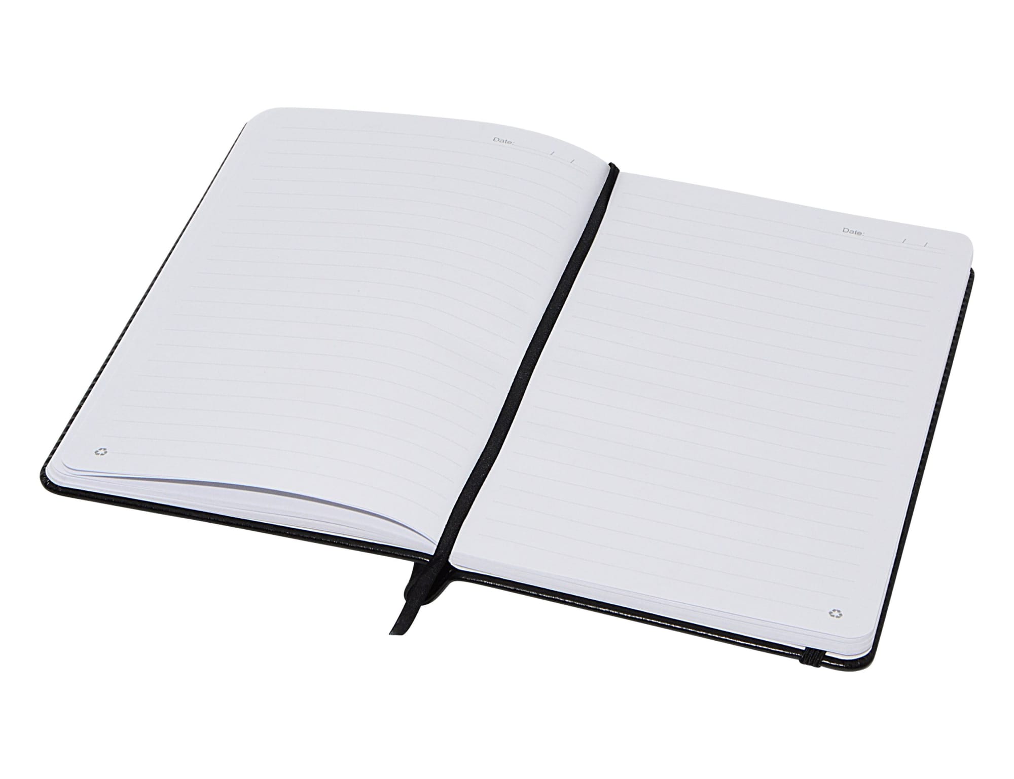 A black A5 notebook with lined pages, featuring a ribbon bookmark and a logo on the cover.