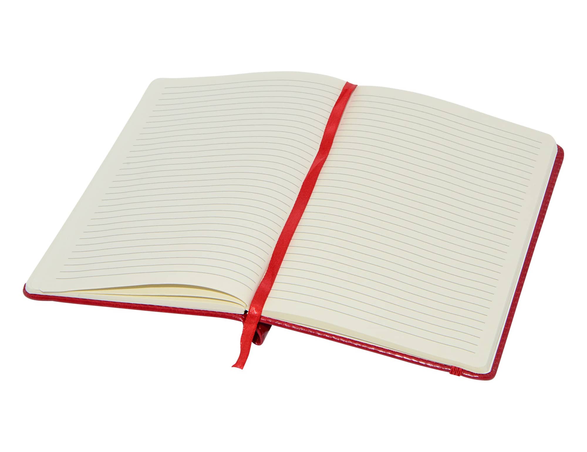A red A5 notebook with lined pages and a ribbon bookmark, featuring a logo on the cover.