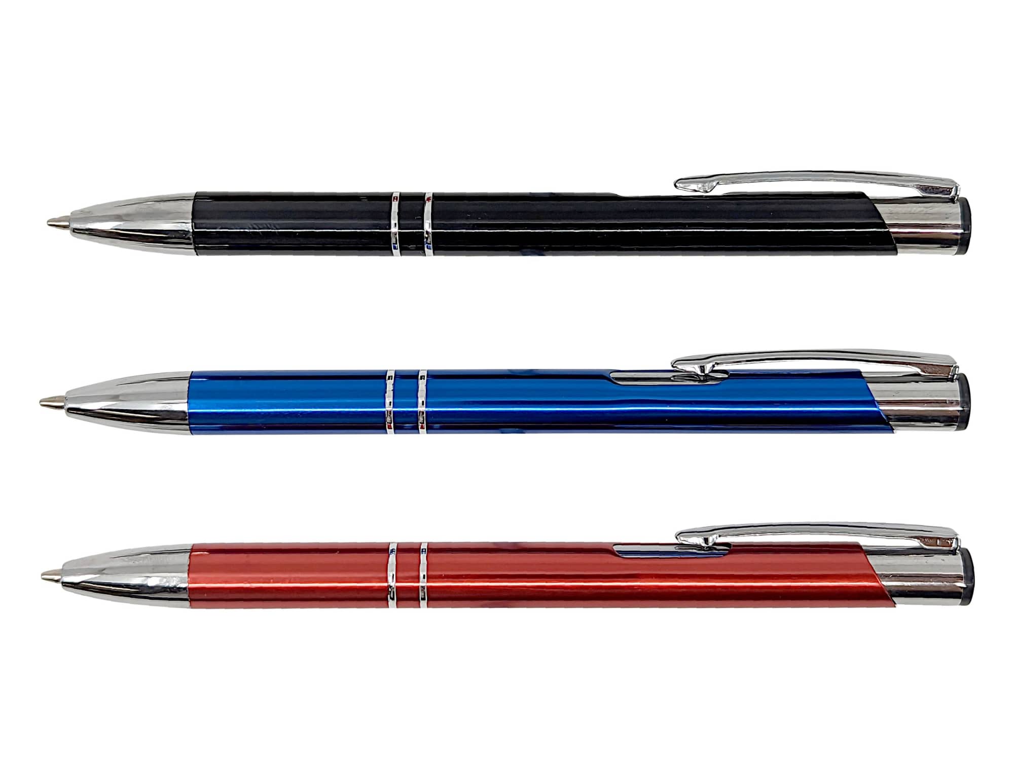 A set of three pens in black, blue, and red, each featuring a shiny metallic finish and a clip.