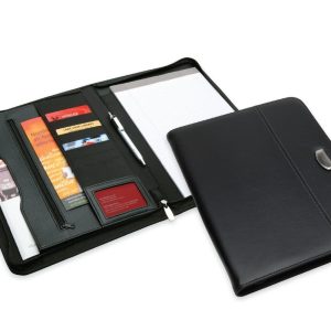 A black zip portfolio featuring card slots, a notepad, a pen holder, and a branded logo.