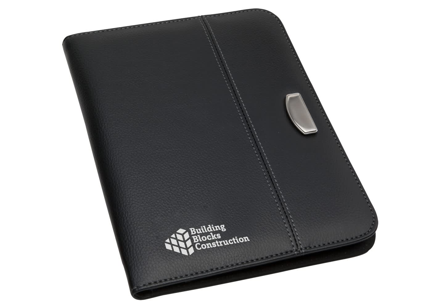 A black A5 portfolio featuring a textured surface and a metallic clasp, with a logo on the front.