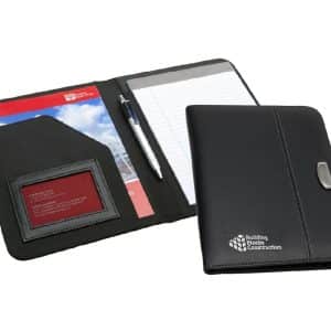 A black Meridian A5 portfolio with a pen, notepad, and cardholder displayed inside. Features a logo on the front.