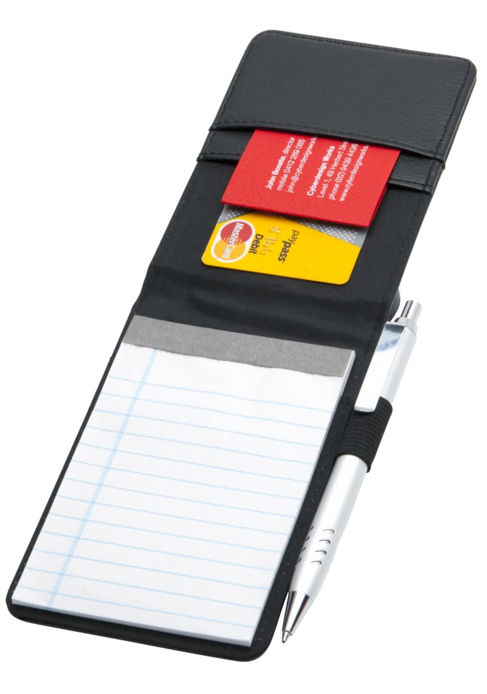 A black notepad holder with lined paper, a pen, and slots for cards. Features a simple design.