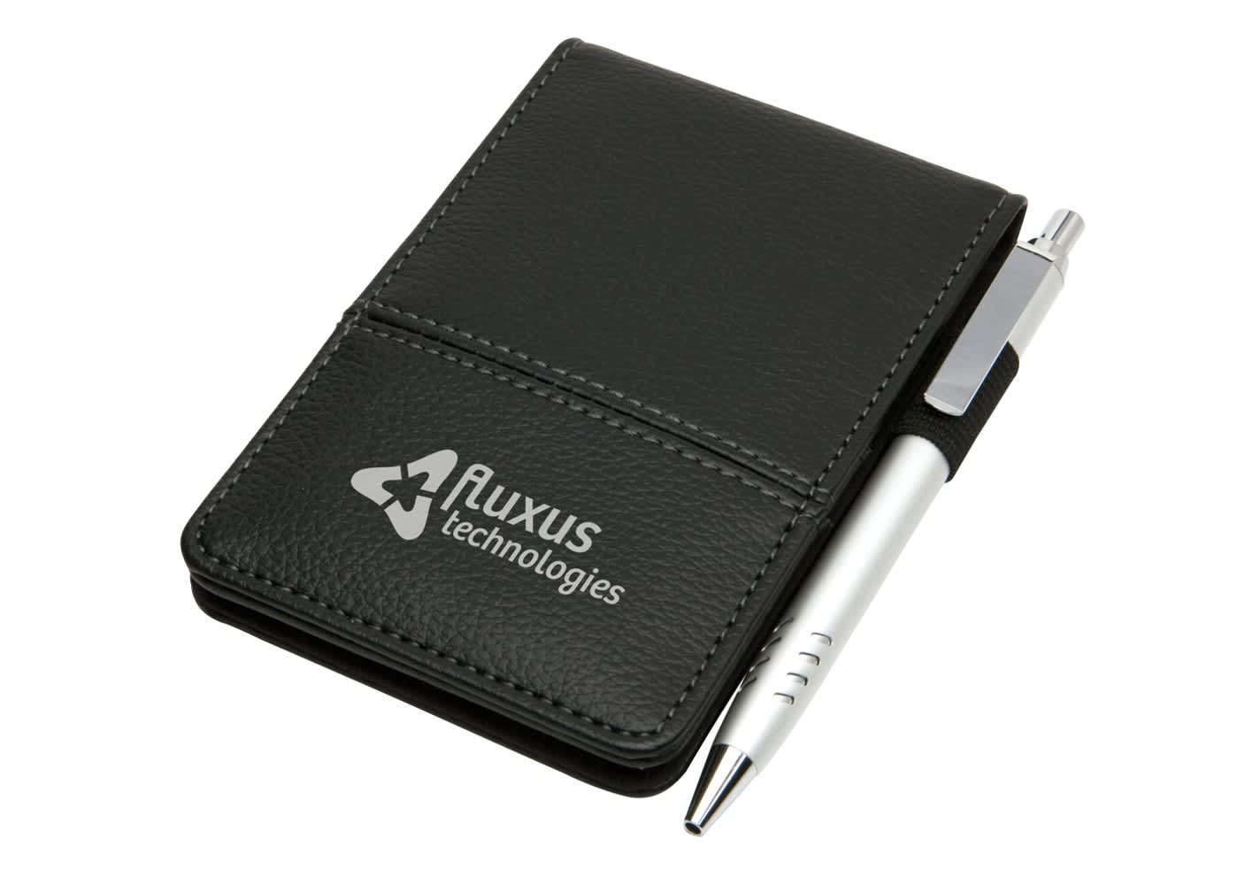 A black notepad with a silver pen secured on the side. The notepad features a logo.