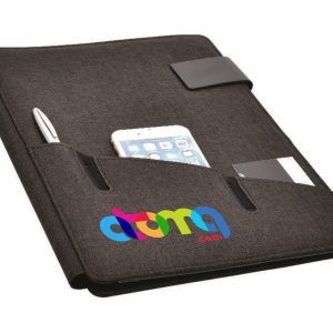A black hands-free A4 portfolio featuring pockets for a pen, phone, and card. It has a logo on the front.