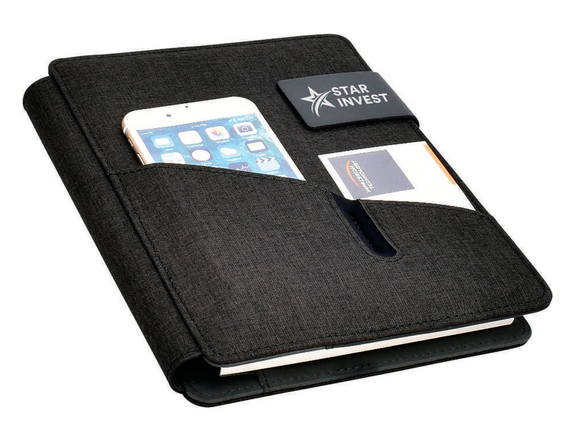 A black hands-free A5 portfolio with a slot for a smartphone and cardholder compartment. It features a logo.