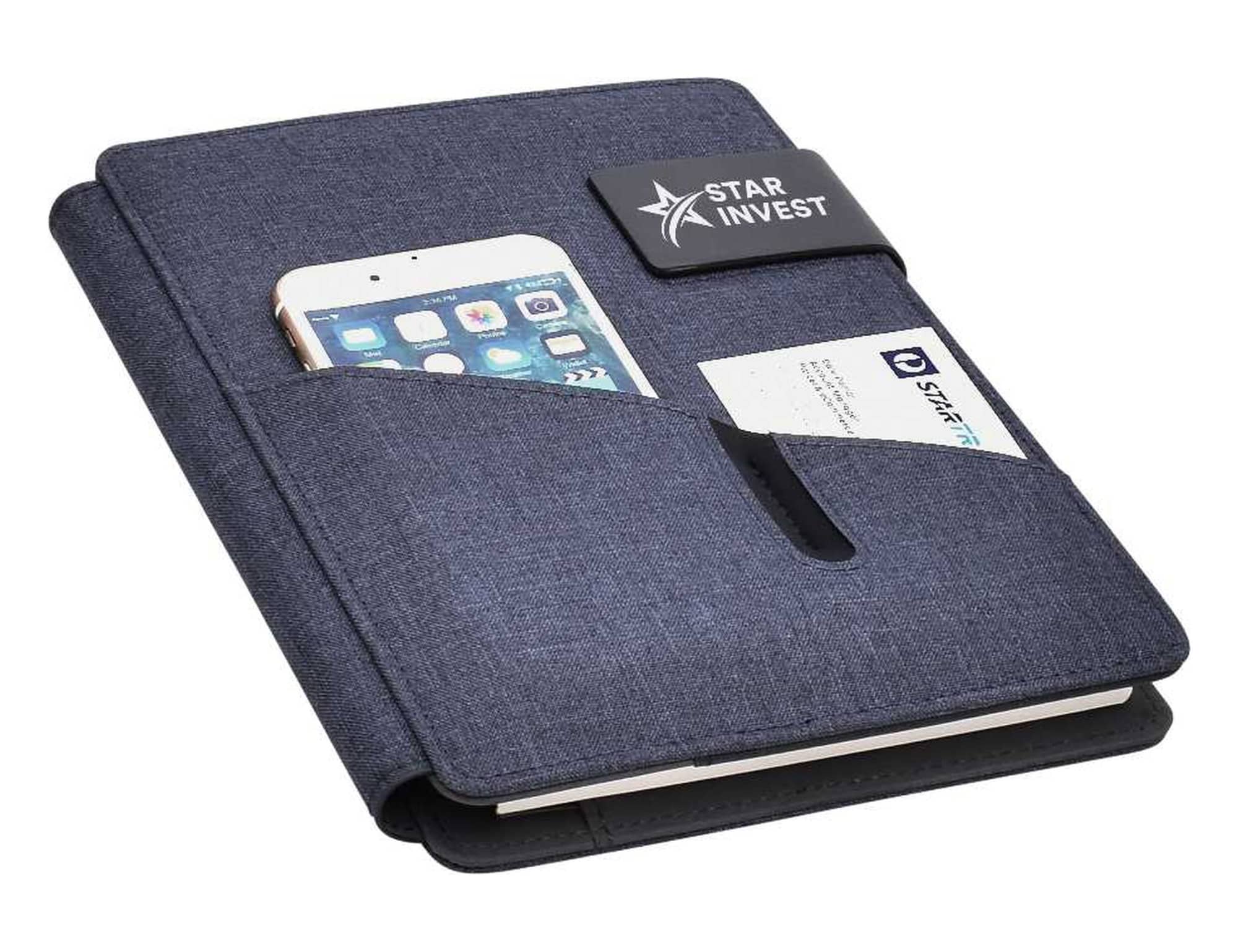 A dark blue hands-free A5 portfolio featuring a phone pocket and a business card slot, with a logo on the front.