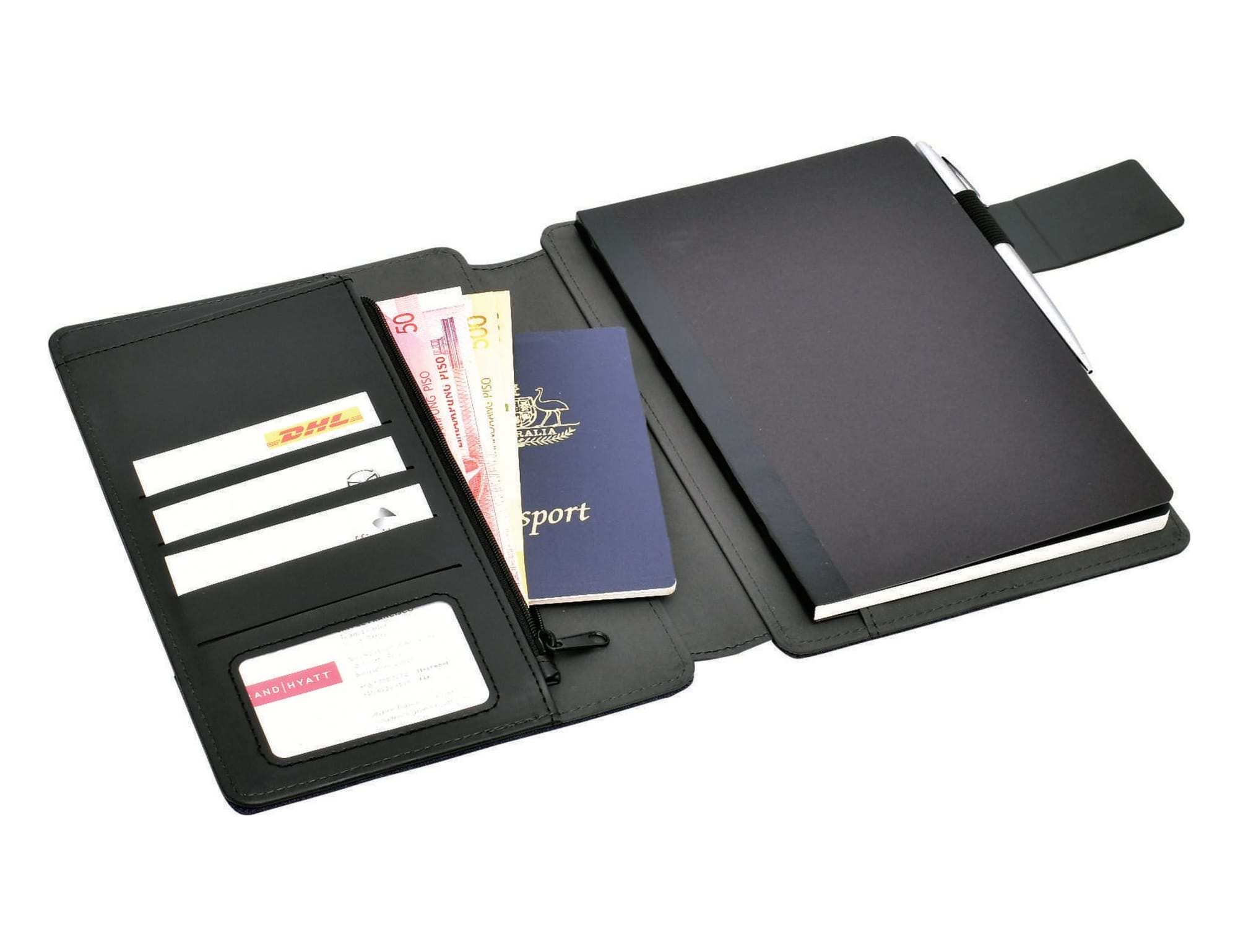 A black hands-free A5 portfolio featuring card slots, a zippered pocket, and a notebook or passport holder.