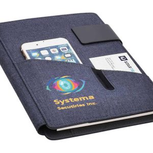 A navy hands-free A5 portfolio featuring a phone holder and a pocket for business cards, with a logo on the front.