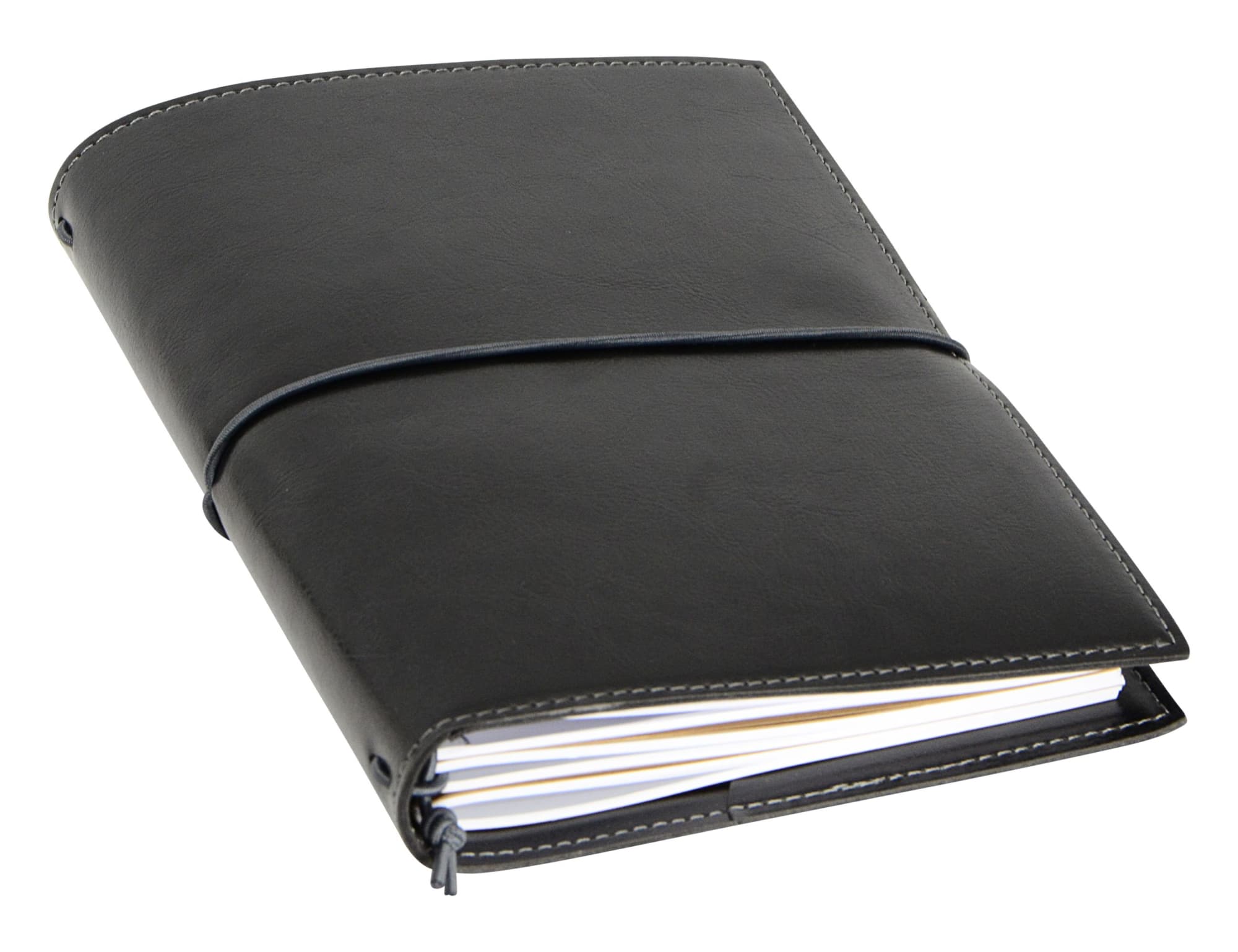 A black A5 journal with a flexible cover, featuring an elastic closure and visible pages. It has a logo on the front.