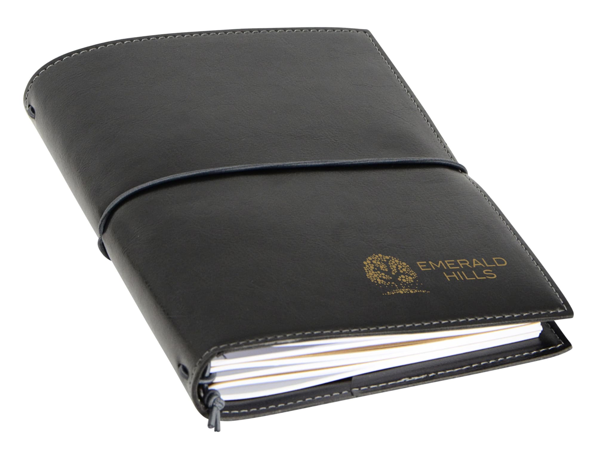 A black A5 journal with a smooth cover and a logo, featuring elastic closure and lined pages inside.