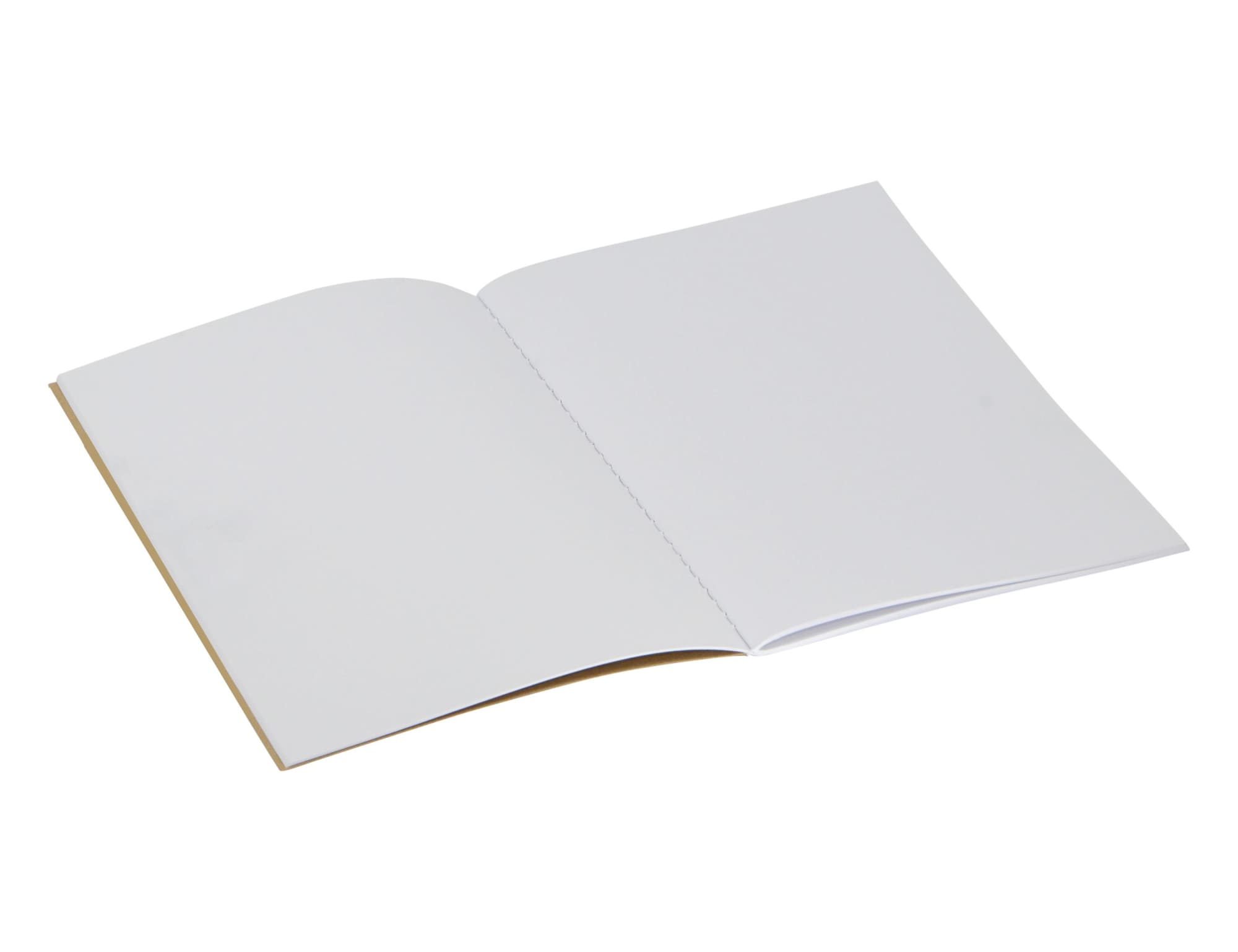 A Kraft A5 notebook with blank white pages and a simple brown cover, featuring a logo on the front.
