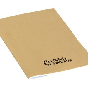 A Kraft A5 notebook with ruled pages, featuring a logo in black on the front cover.