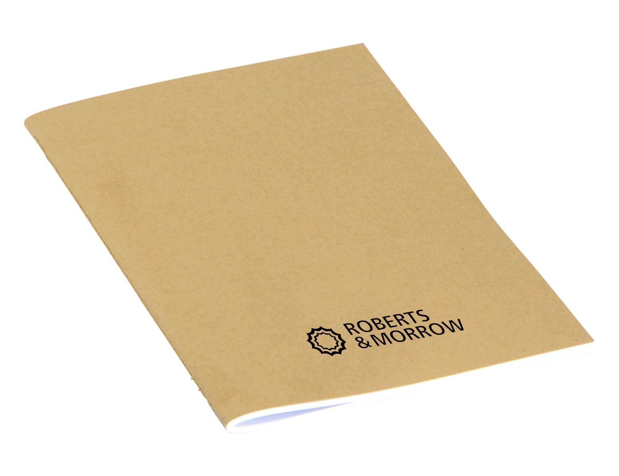 A Kraft A5 notebook with ruled pages, featuring a logo in black on the front cover.