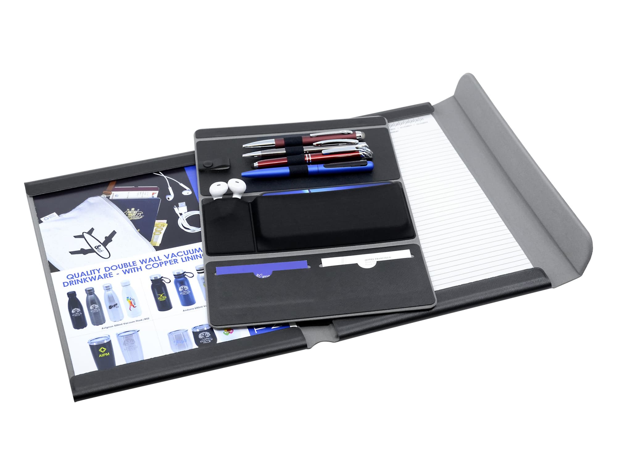 A black A4 portfolio featuring pens, a notepad, and a sleeve for documents, with a branding logo visible.