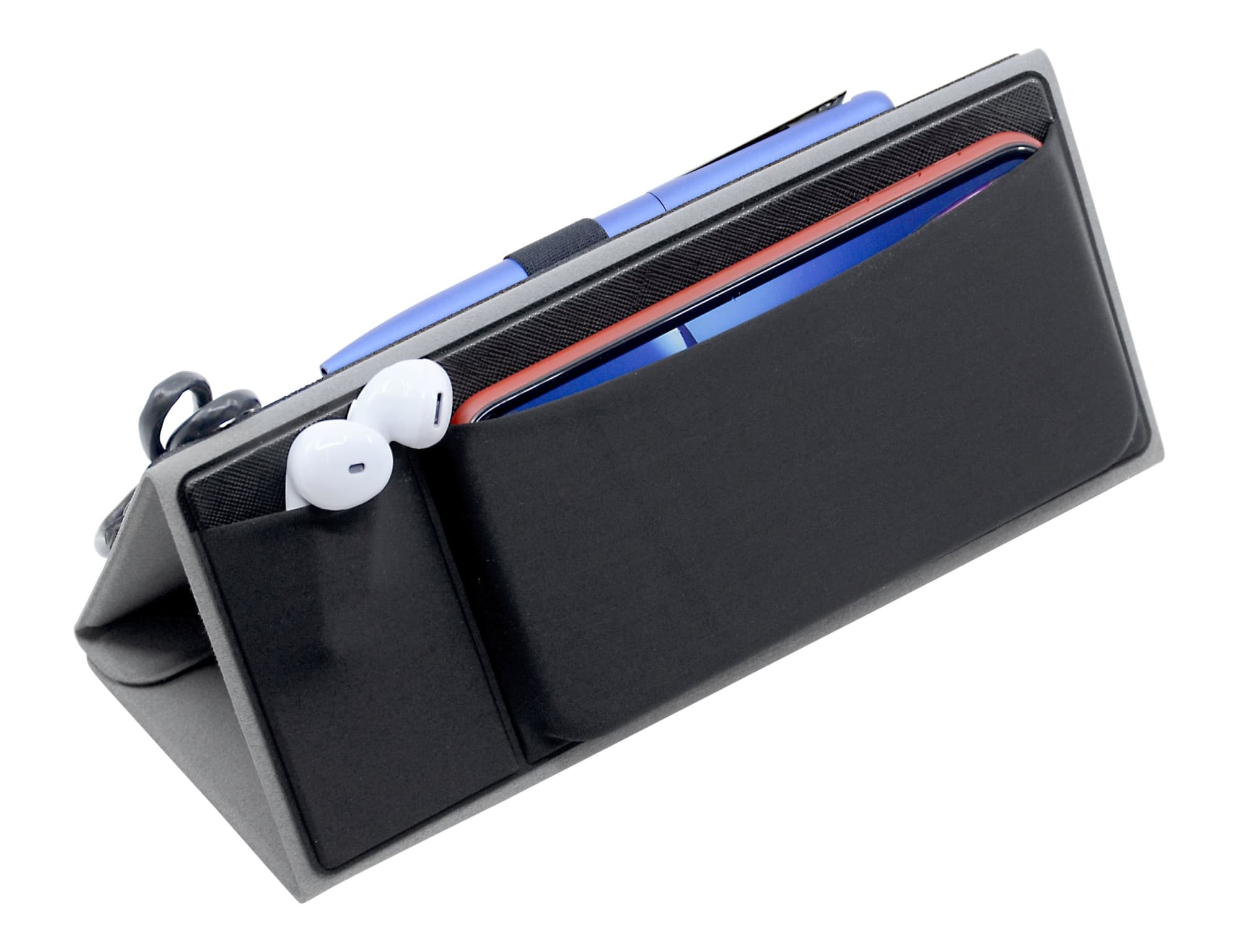 A black A4 portfolio with compartments for a phone, pen, and earbuds, featuring a logo.