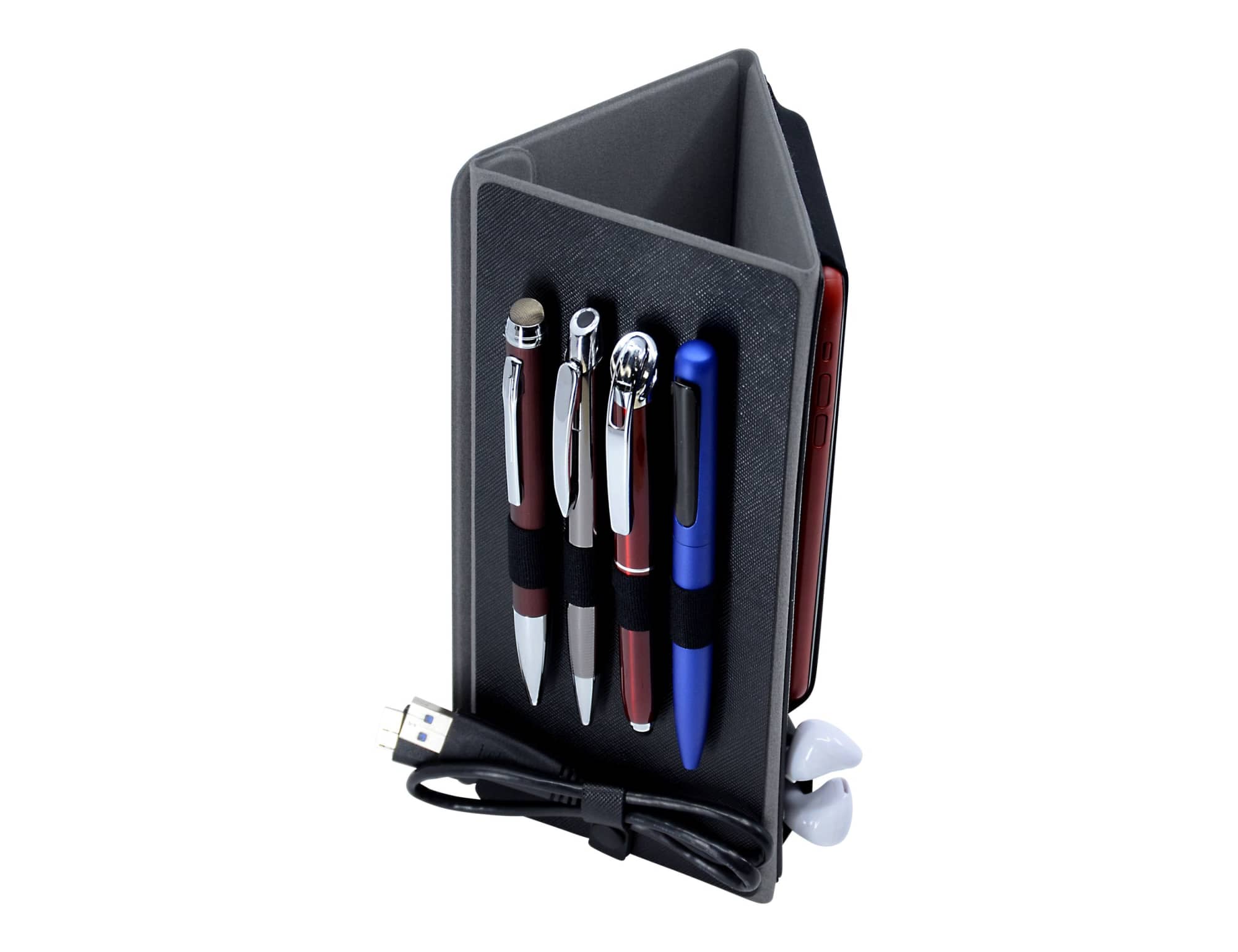 A black portfolio with multiple compartments, featuring pens, a USB cable, and earbuds.