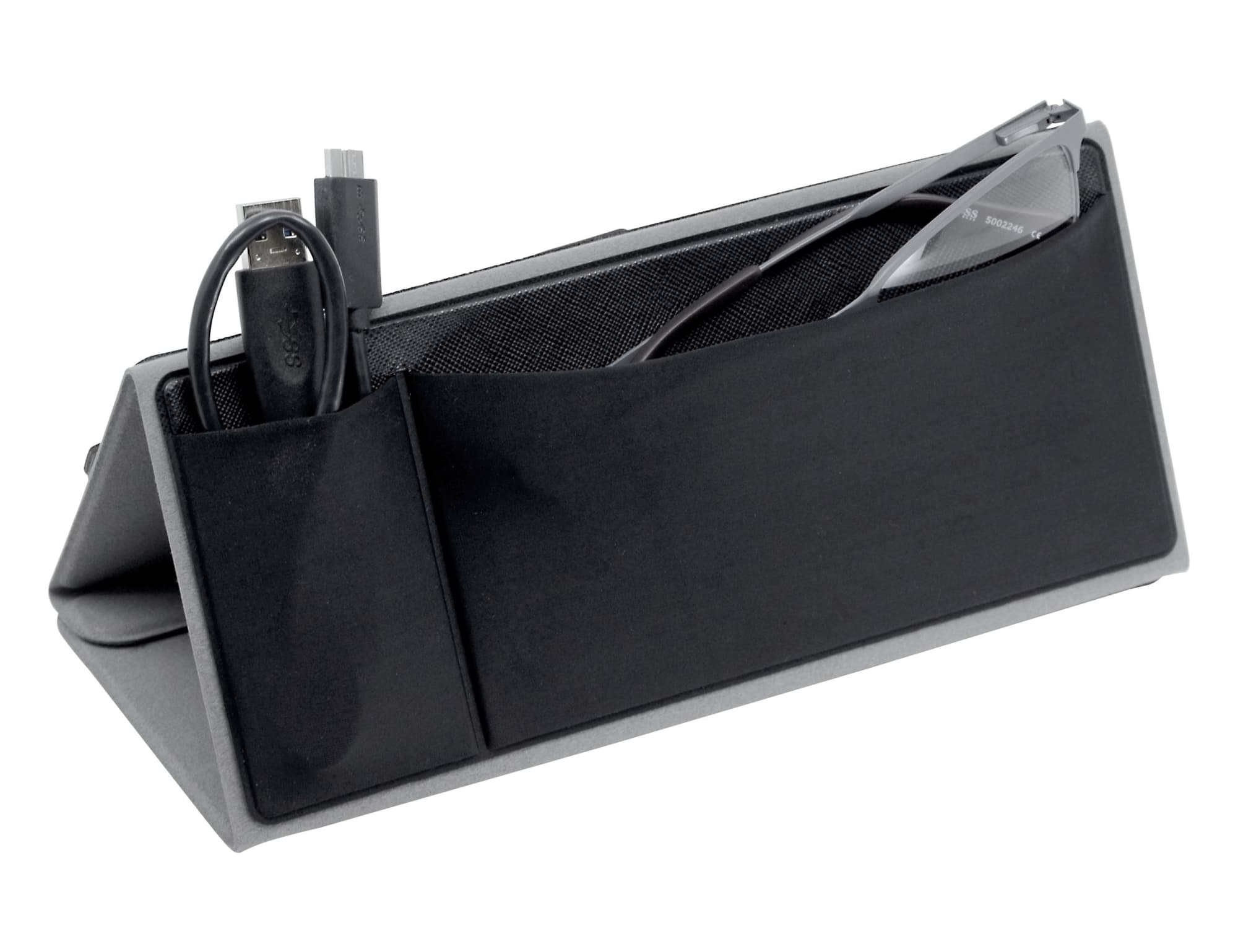 A black A4 portfolio with multiple pockets, ideal for organising office supplies and documents.