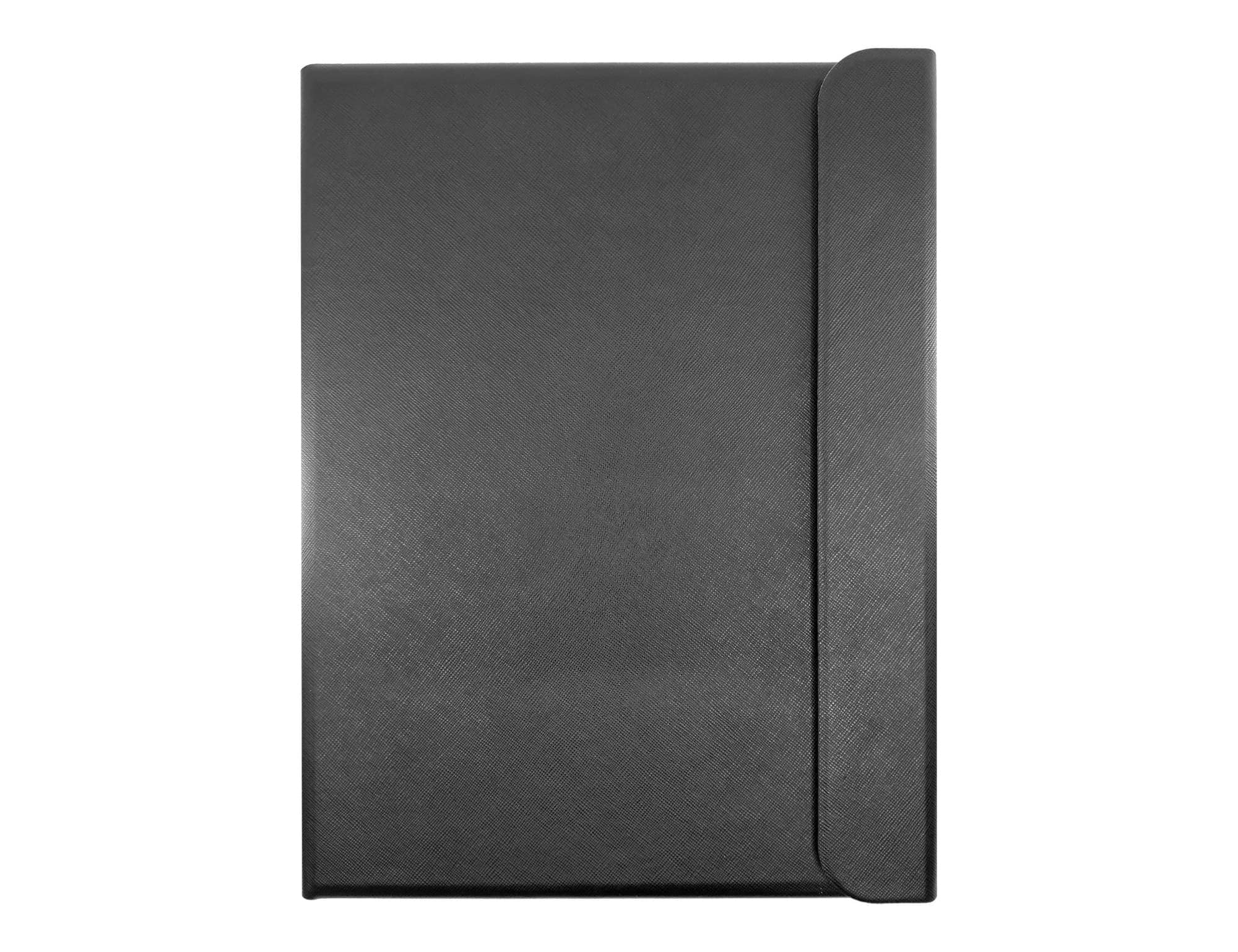 A sleek black A4 portfolio with a secure cover and integrated flap, ideal for organising documents.