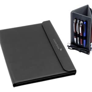 A black A4 portfolio includes pens, a USB, and earphones, featuring a logo on the cover.