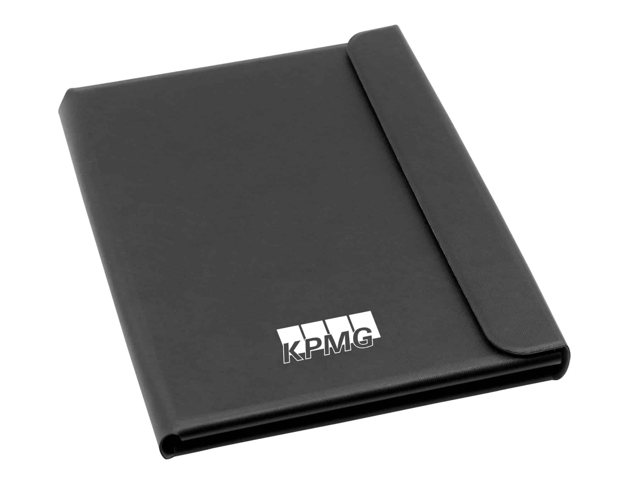 A black A4 portfolio with a flap closure and a logo on the front.