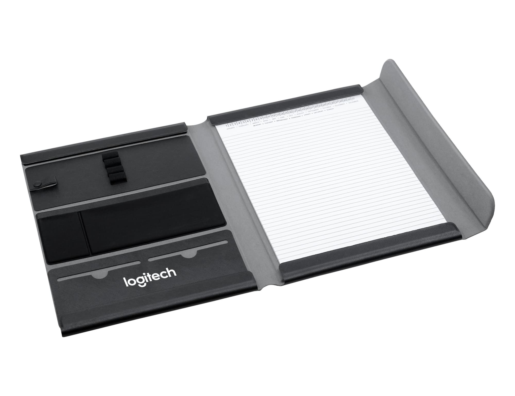 A black A4 portfolio featuring compartments for notes and cards, with a lined notepad included.