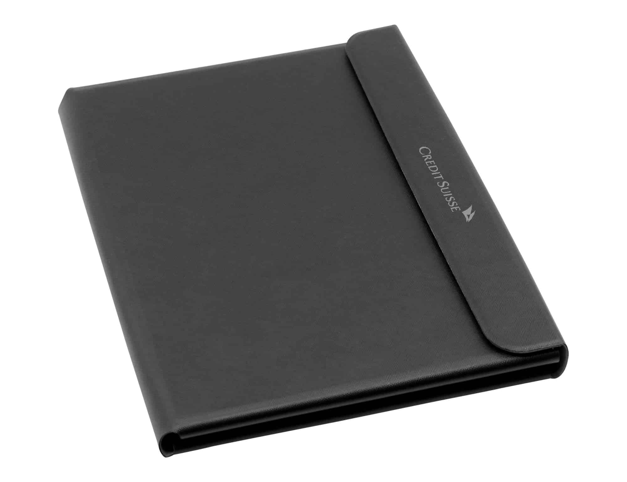 A black A4 portfolio with a sleek design and a branding logo on the front.