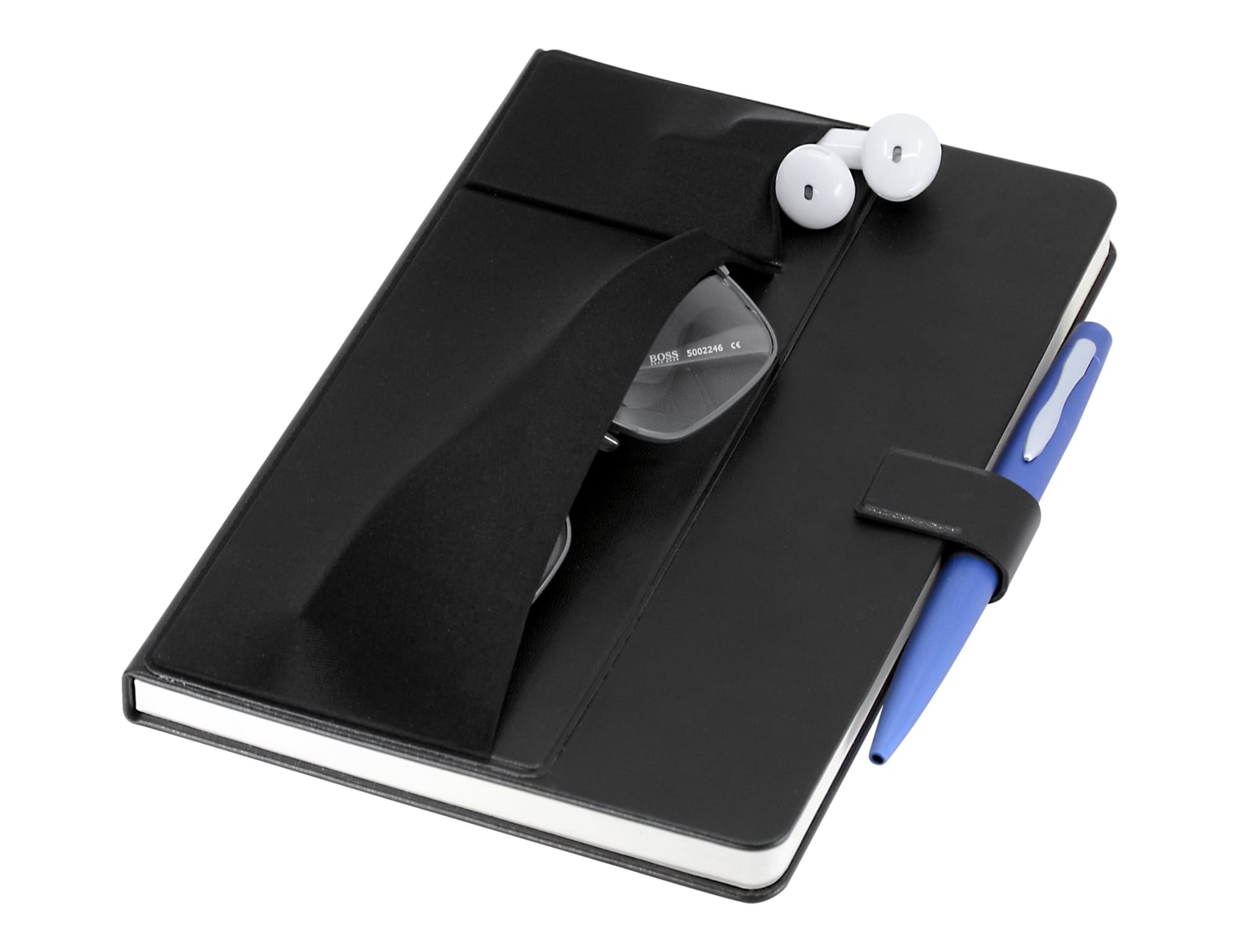 A black notebook featuring a pen, earphones, and an elastic band for holding accessories.