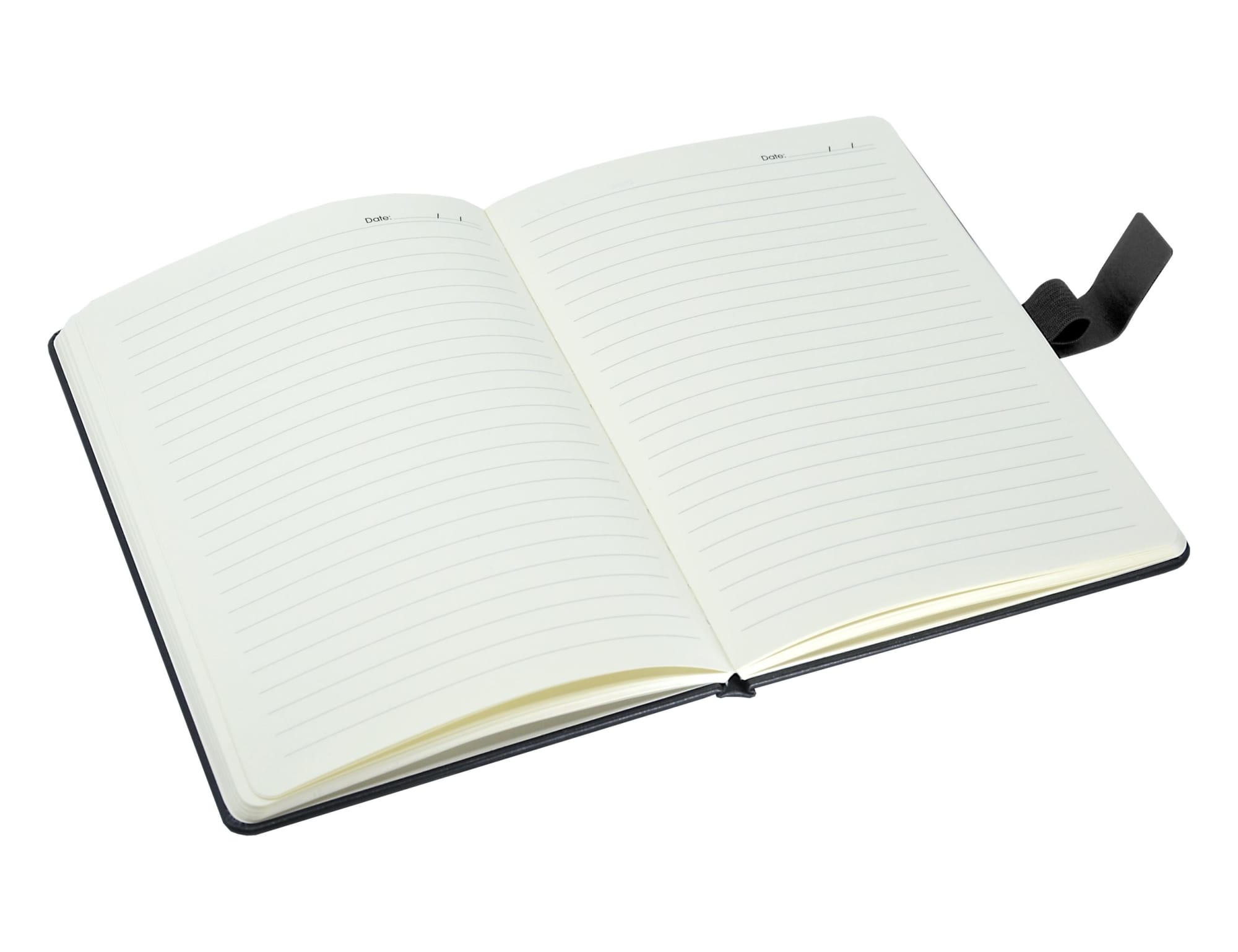 A black notebook with lined pages, featuring a ribbon bookmark and an open layout.