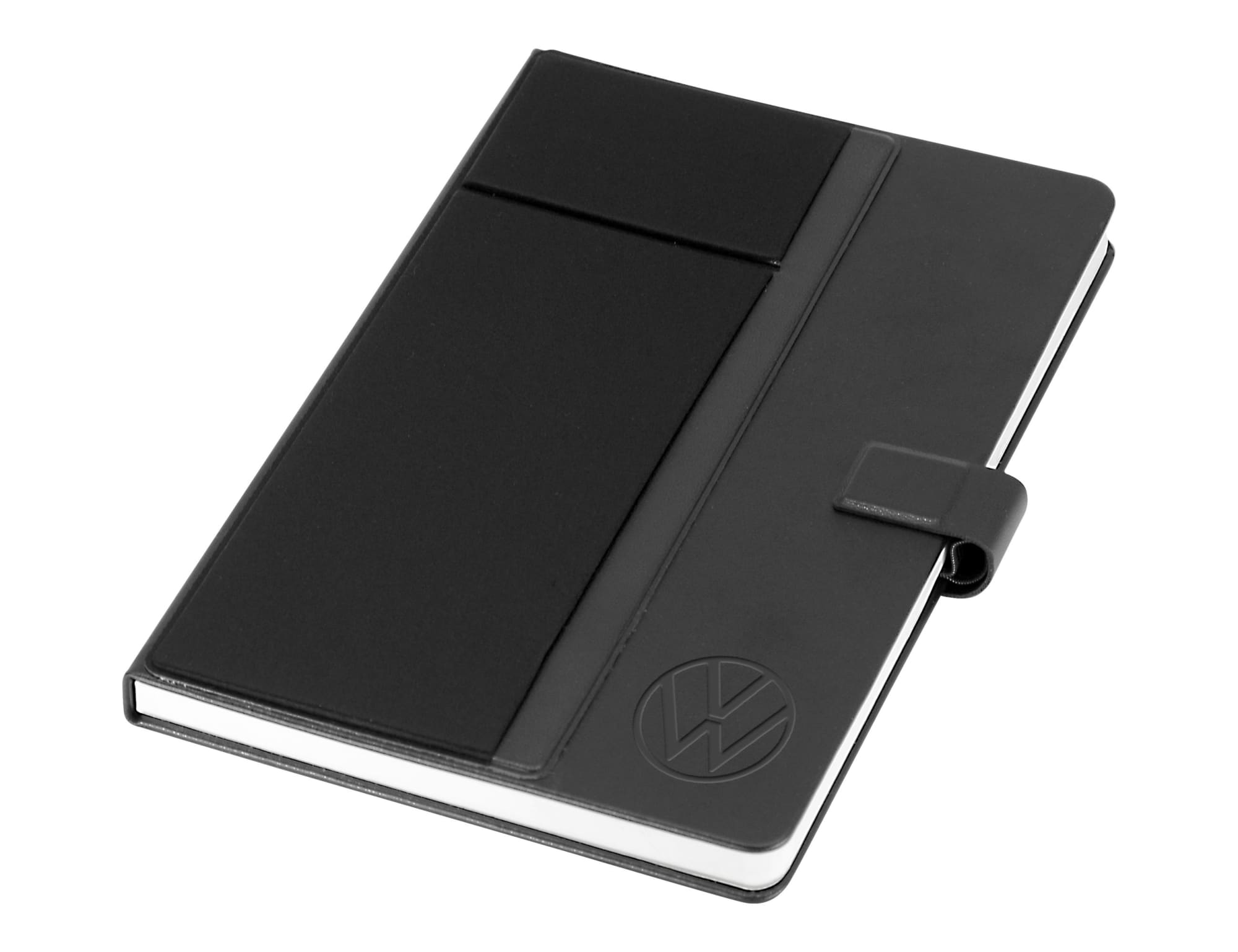 A black notebook with a smooth cover, featuring a logo and a magnetic closure. Includes an additional pocket.
