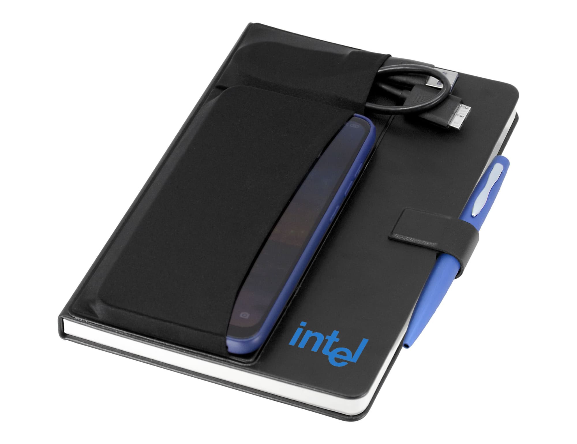 A black notebook with a pen, a phone sleeve, and a charging cable, featuring a logo on the cover.