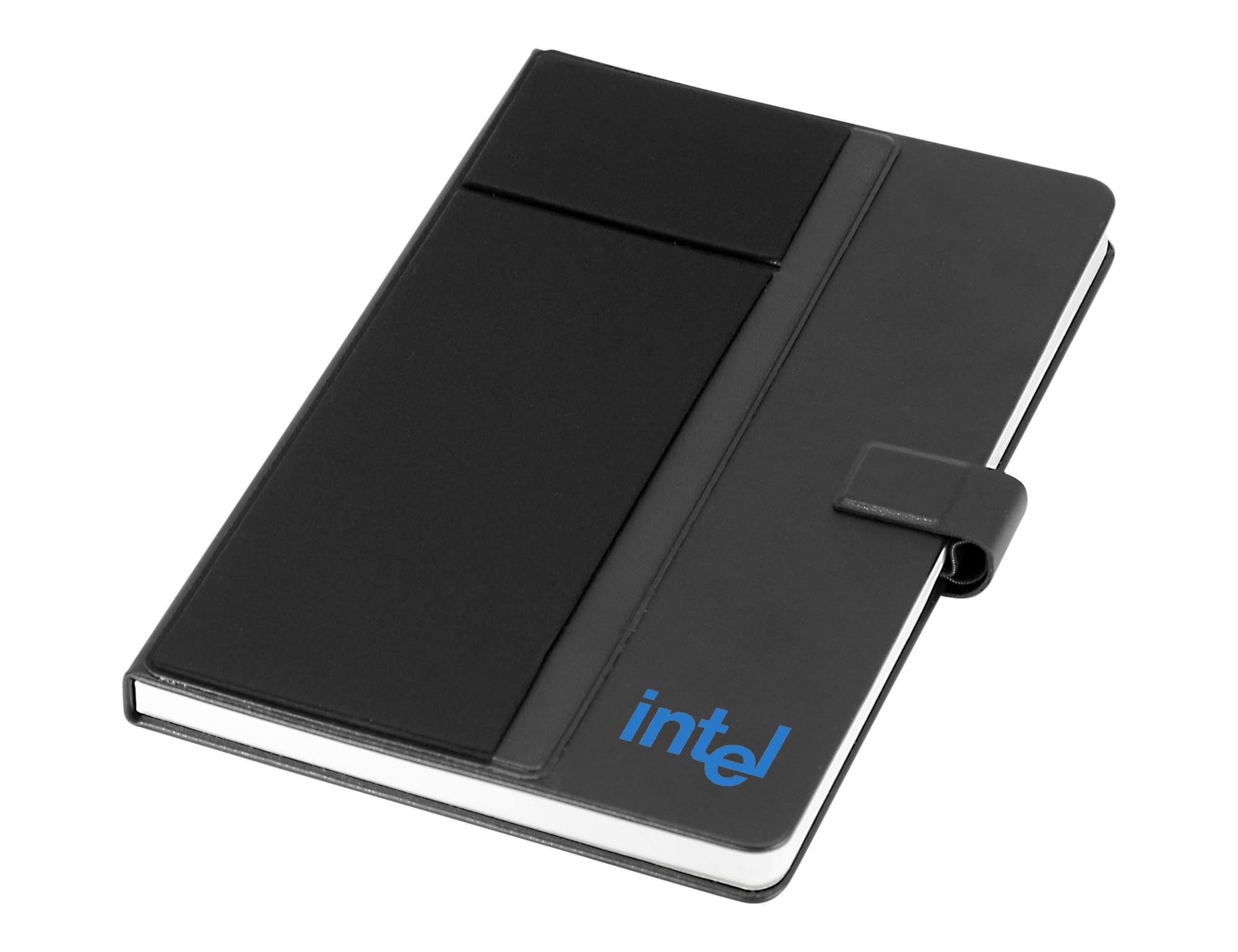 A black notebook with a textured cover, featuring a pocket and a logo on the front.