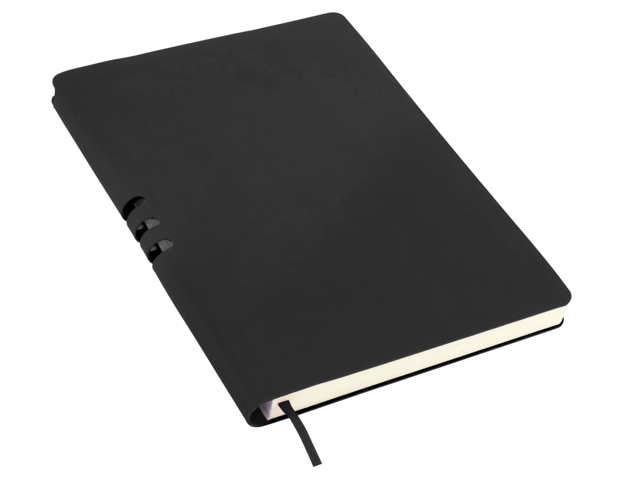 A black A5 notebook with a smooth cover, featuring an elastic strap and a ribbon bookmark.