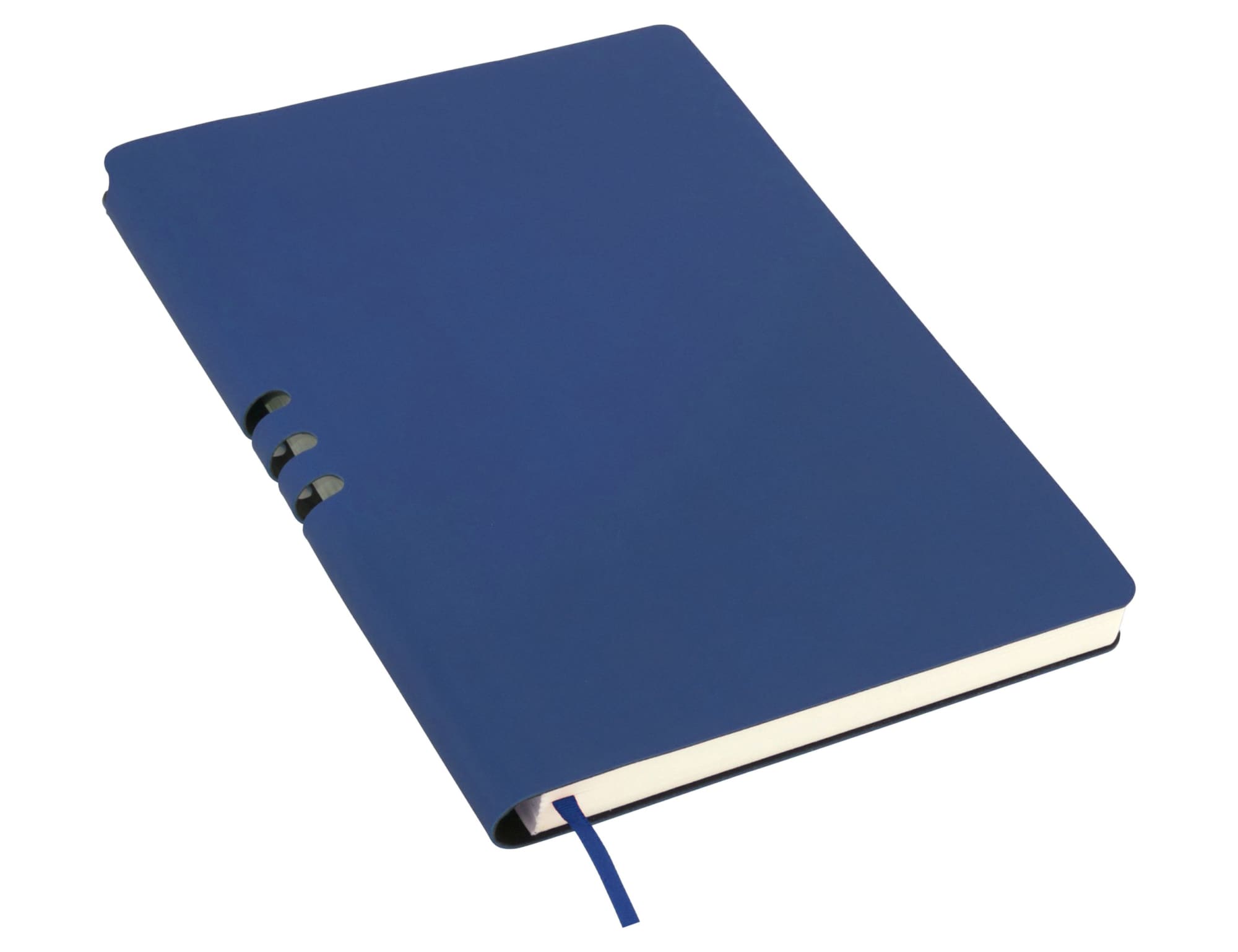 A navy blue A5 notebook featuring a smooth cover and a ribbon bookmark, with a branded logo on the front.