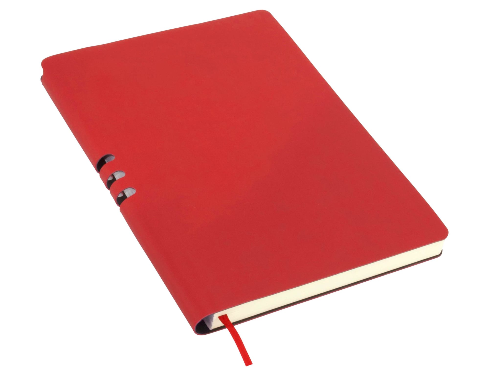 A red A5 notebook with a sleek design and a ribbon bookmark, featuring a logo on the cover.