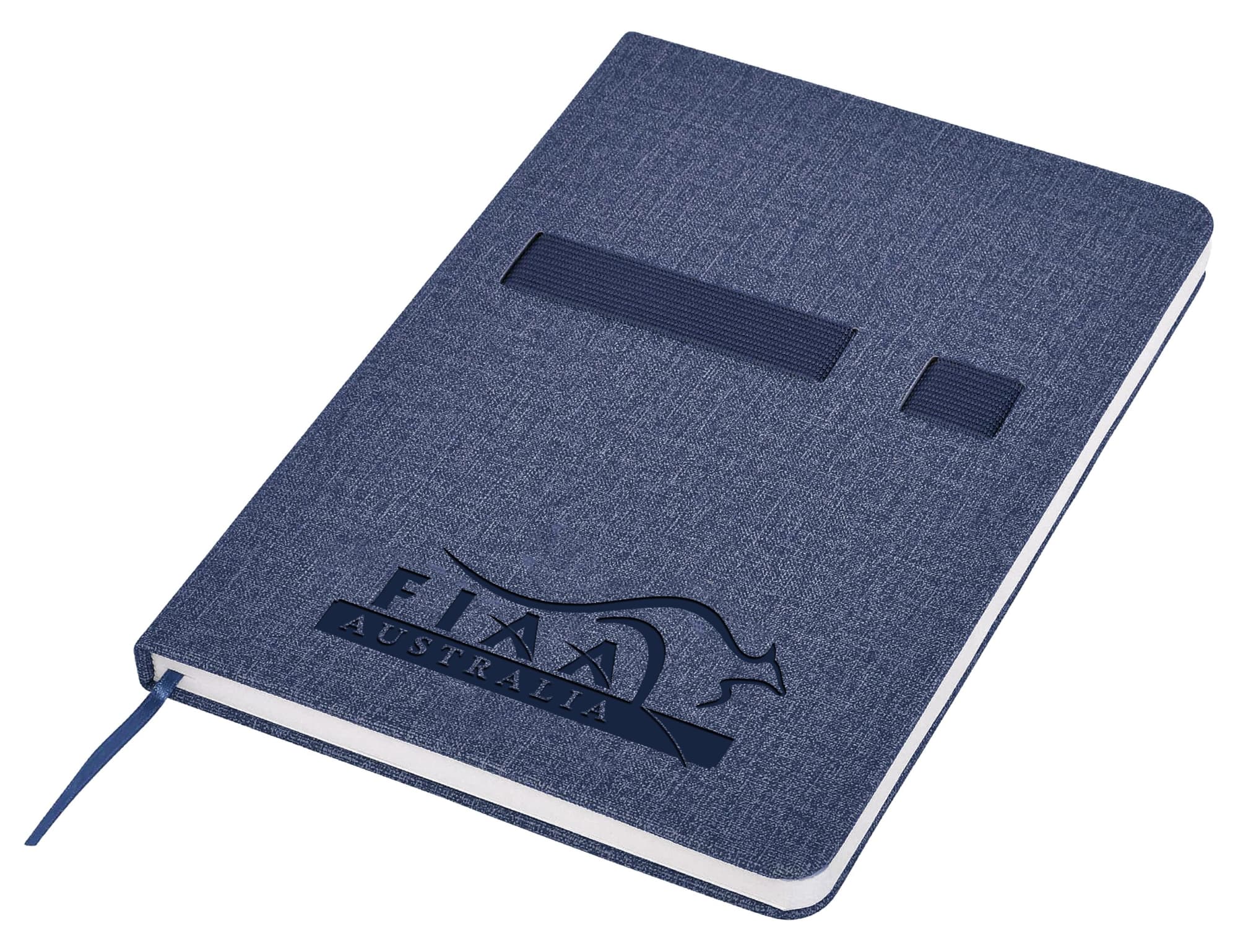 A navy A5 notebook with a fabric cover, featuring an elastic band and a logo on the front.