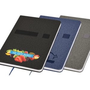 A set of three Oslo A5 notebooks in black, navy blue, and grey, featuring a logo on the black notebook.