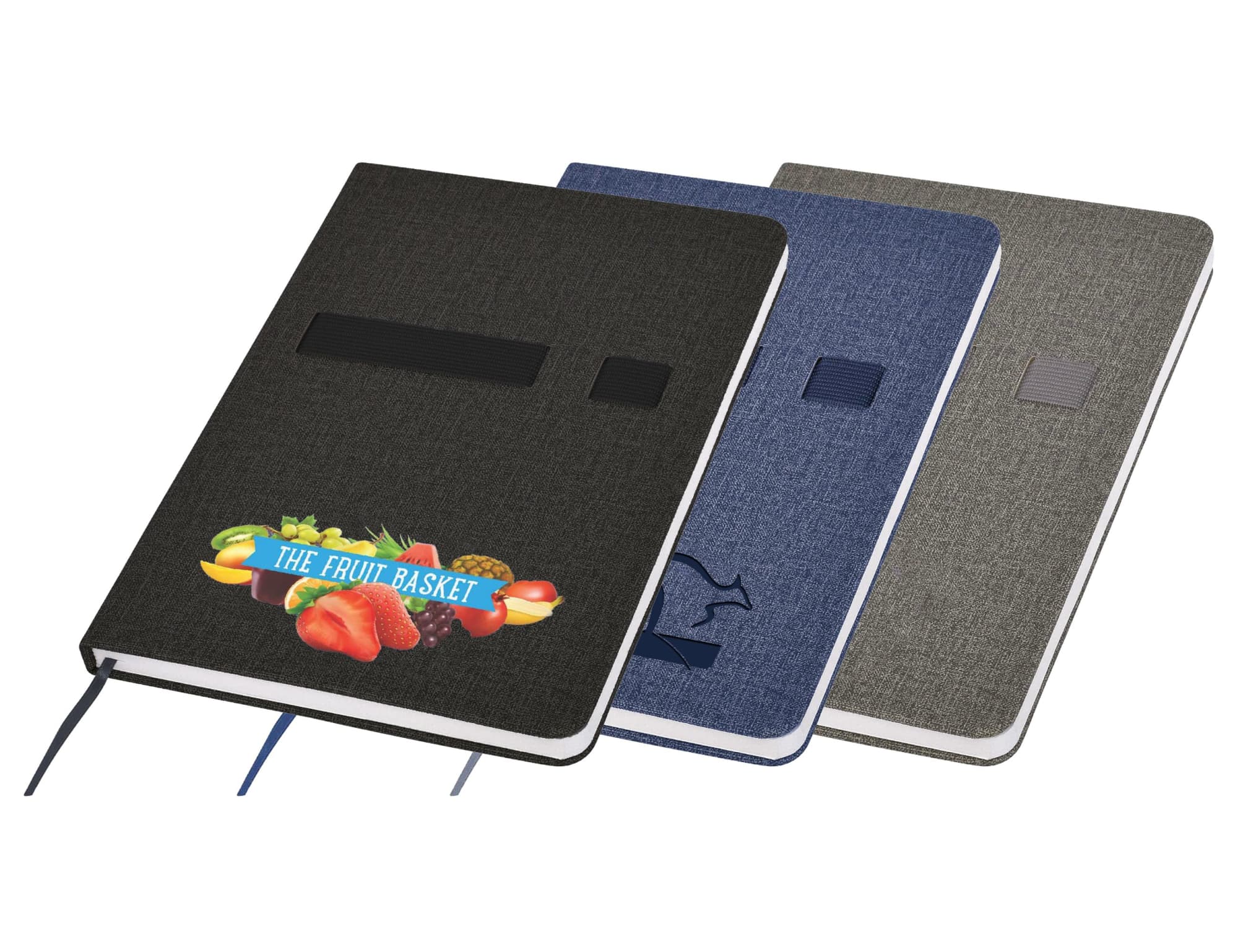 A set of three Oslo A5 notebooks in black, navy blue, and grey, featuring a logo on the black notebook.