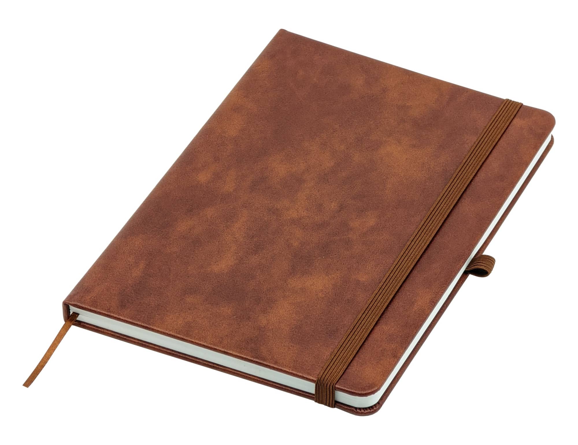 A brown A5 notebook with a textured cover, featuring an elastic band closure and a ribbon bookmark.