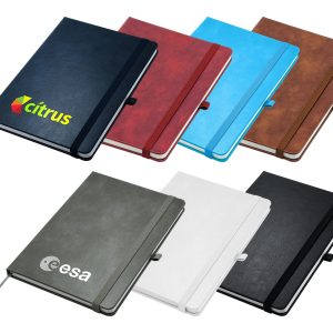 A collection of Apex A5 notebooks in various colours including black, white, brown, blue, red, and green, with logos.