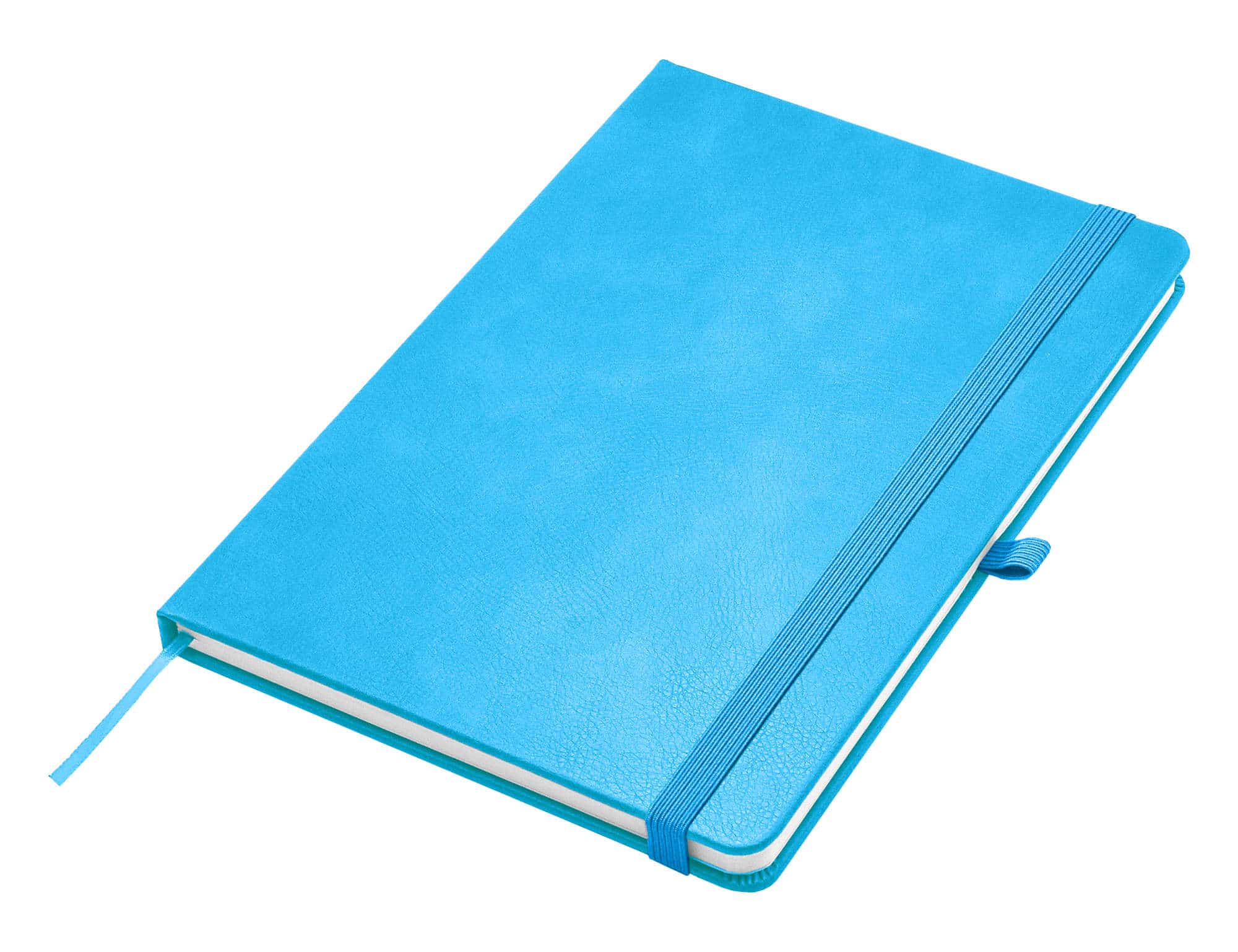 Apex A5 Notebook in bright blue with a textured cover, featuring an elastic band and ribbon bookmark.